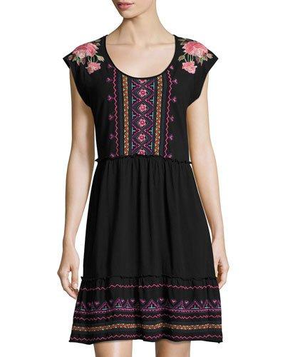 Embroidered Jersey Dress, Black