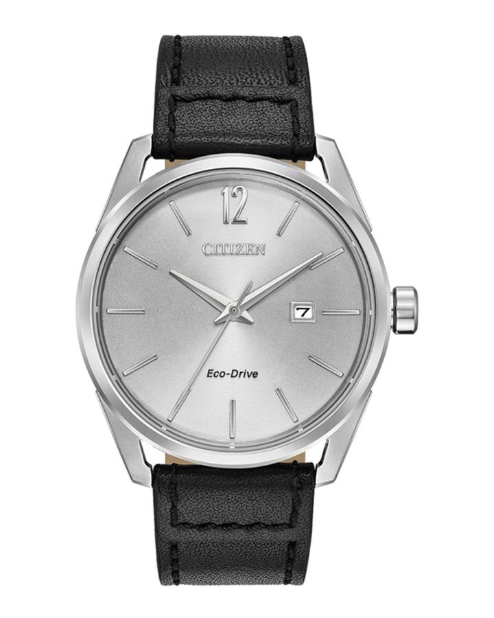 Men's 42mm Drive Watch W/ Leather Strap, Black/silver