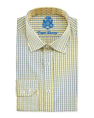 Windowpane-check Cotton Dress Shirt, Yellow/blue