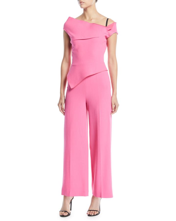 One-shoulder Asymmetric-neck Peplum Full-leg Jumpsuit