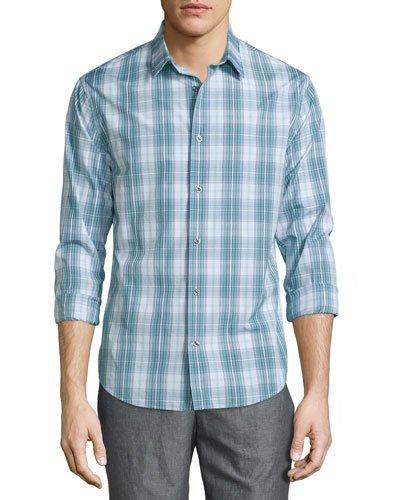 Multicolored Plaid Long-sleeve Sport Shirt, Turquoise