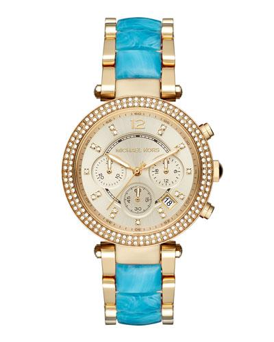 39mm Parker Glitz Bracelet Watch, Gold/turquoise