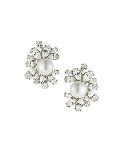 Rhinestone Cluster Clip-on Earrings W/ Faux-pearl Beads