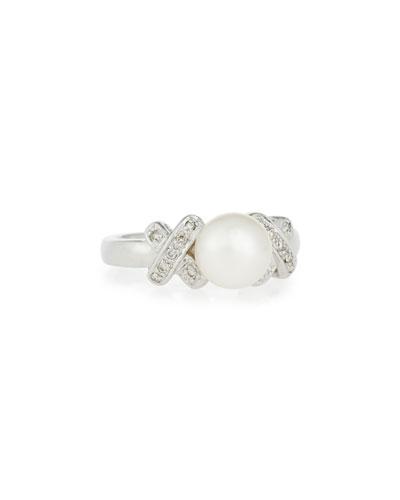 14k Pearl Ring W/ Pave Diamond X