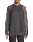 Monili-collar Long-sleeve Silk Georgette Blouse