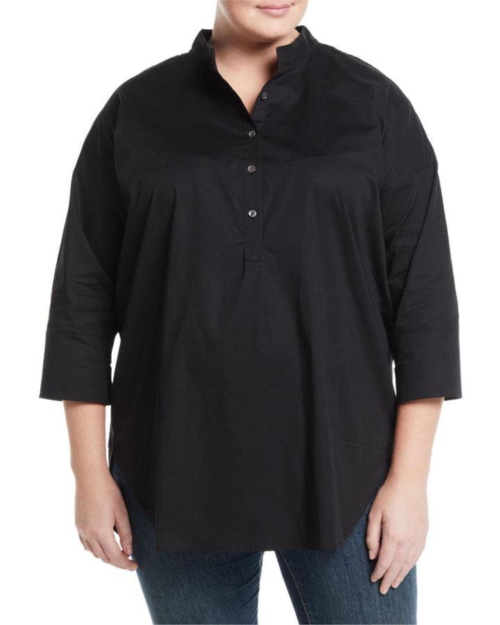 3/4-sleeve Half-button Oversized Stretch-cotton Shirt,