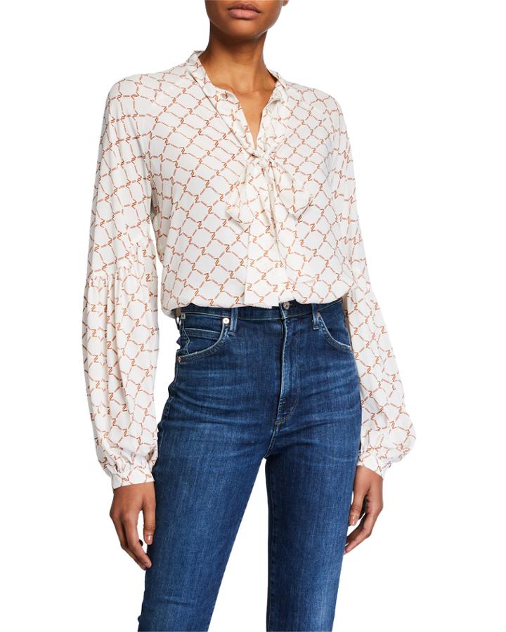 Printed Tie-neck Blouson-sleeve Top