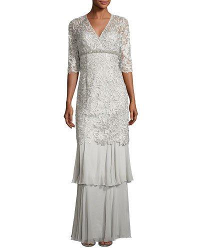 3/4-sleeve Lace Tiered Column Gown, Gray