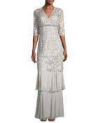 3/4-sleeve Lace Tiered Column Gown, Gray
