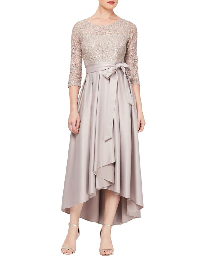 Sequin Lace 3/4-sleeve Satin-skirt Dress