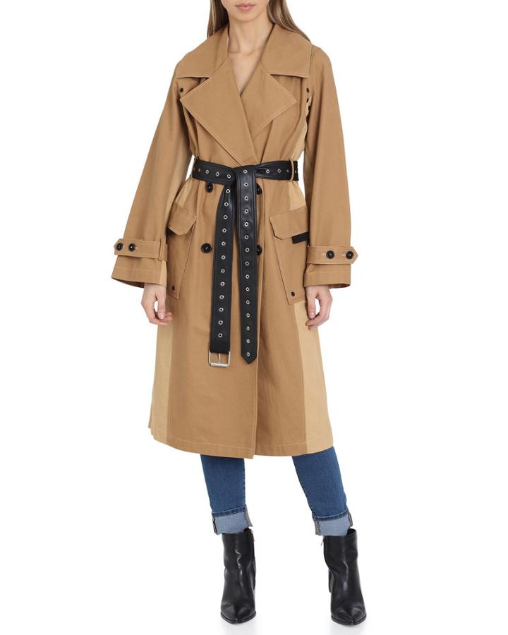 Colorblock Cotton Trench Coat W/ Faux-leather Belt