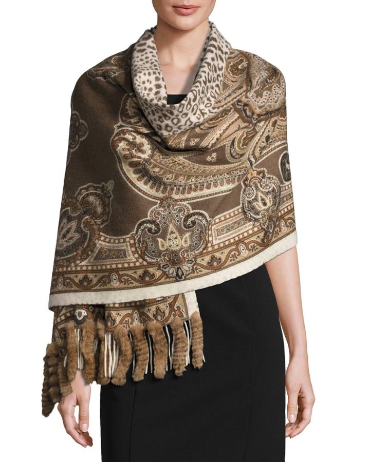 Rabbit Fur-trim Paisley Wool Wrap, Beige/brown