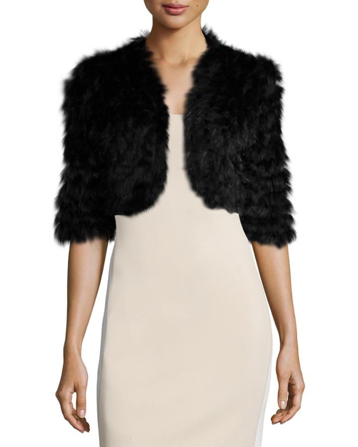 Metric Knits Rabbit-fur Short-sleeve Shrug, Black, Women's,