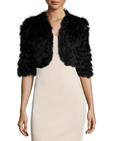 Metric Knits Rabbit-fur Short-sleeve Shrug, Black, Women's,