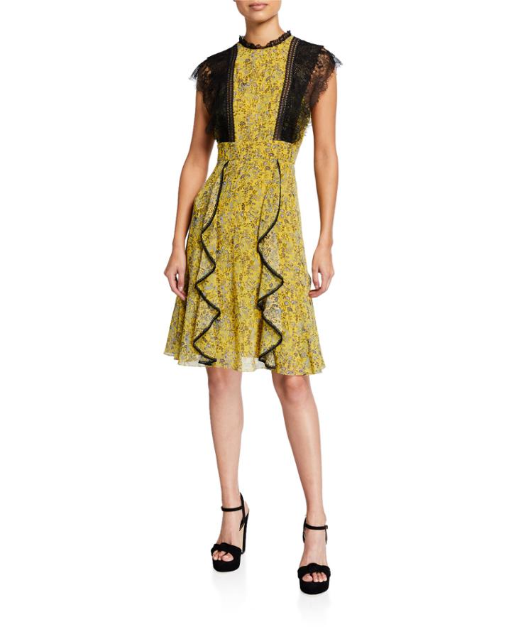 Floral-print Lace-panel Ruffle A-line Dress