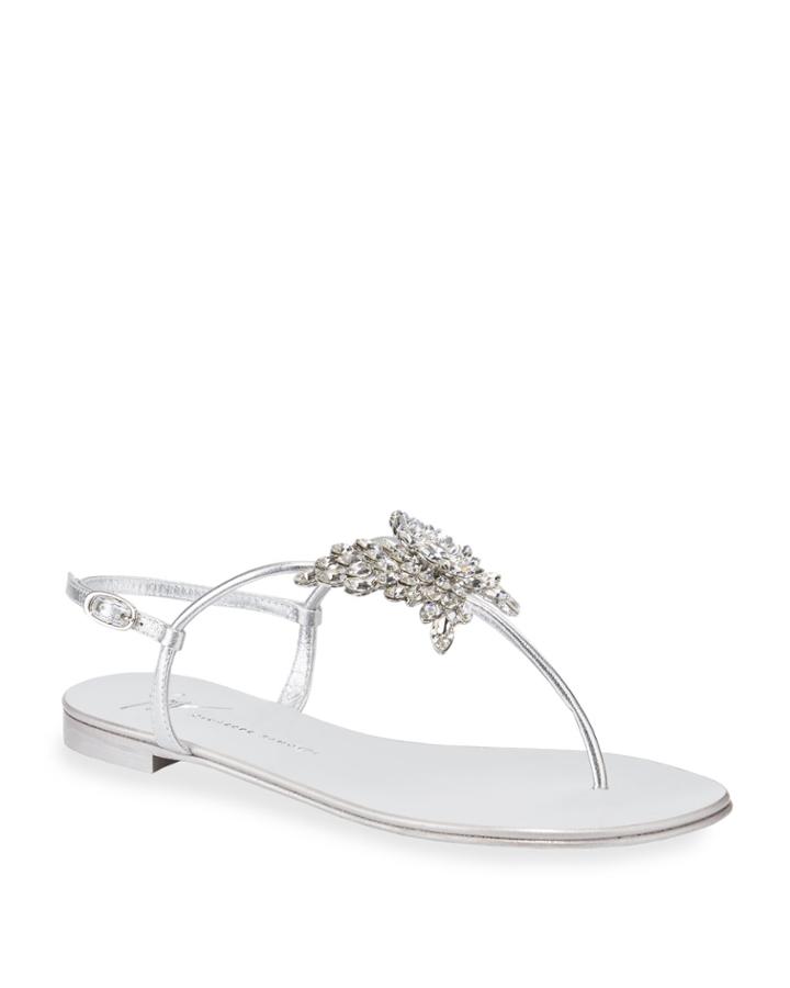 Flat Metallic Leather Thong Sandals With Butterfly