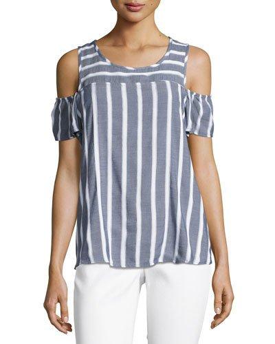 Striped Cold-shoulder Boxy Top, Blue