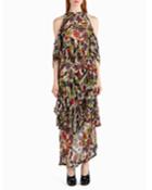 Strass Floral-print Chiffon Cold-shoulder Gown