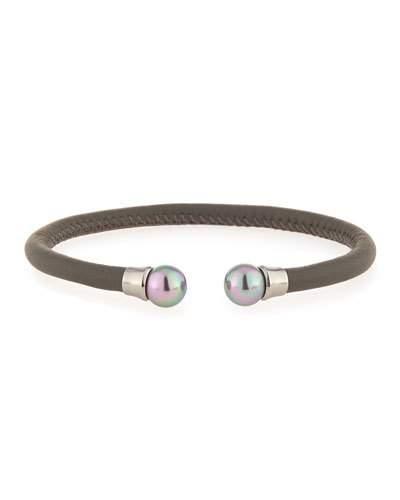 Storm Leather & Pearl Bangle Bracelet, Gray