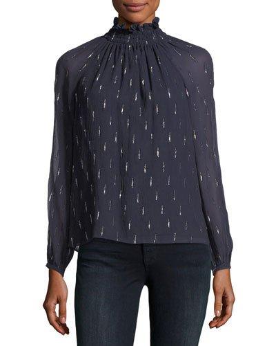 Smocked-neck Metallic Chiffon Top