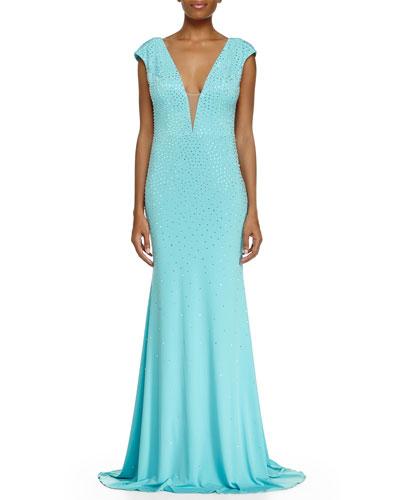 Cap-sleeve Sequined Mermaid Gown, Aqua
