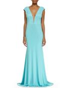 Cap-sleeve Sequined Mermaid Gown, Aqua