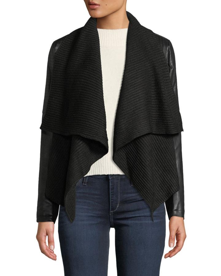 Knit Drape Faux-leather Cropped Jacket