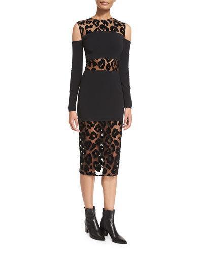 Leopard-burnout Cold-shoulder Dress, Black