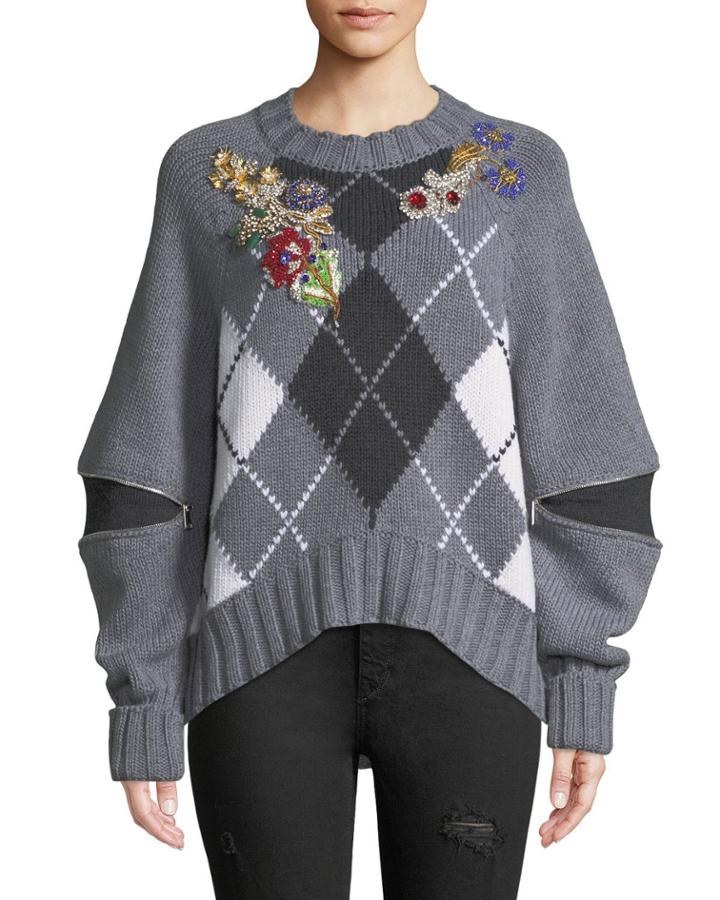 Bejeweled Zip-open-sleeve Argyle Wool