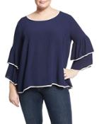 Cold-shoulder Ruffled Top, Navy,