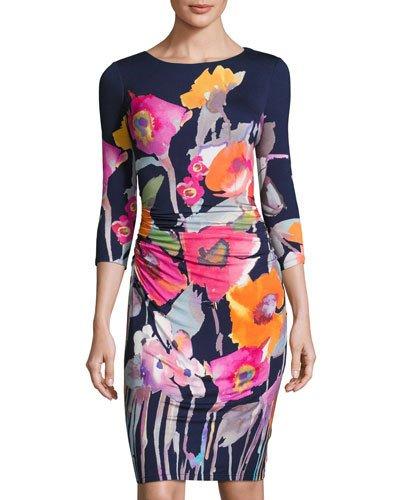 3/4-sleeve Floral-print Jersey Dress, Blue Pattern