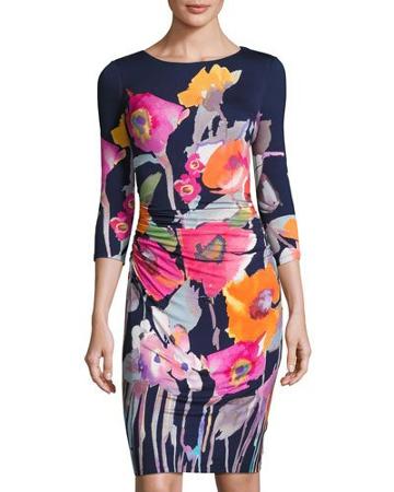 3/4-sleeve Floral-print Jersey Dress, Blue Pattern
