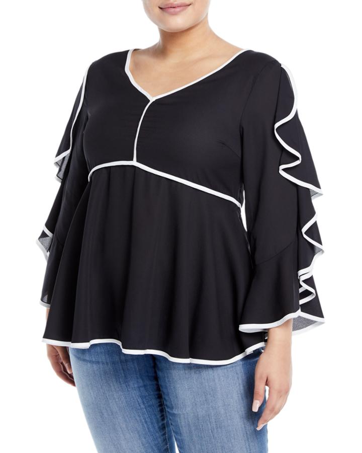 Bell-sleeve Contrast Piped Ruffle Blouse,