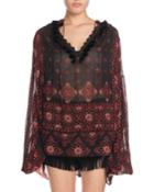 V-neck Full-sleeve Folk-print Artist