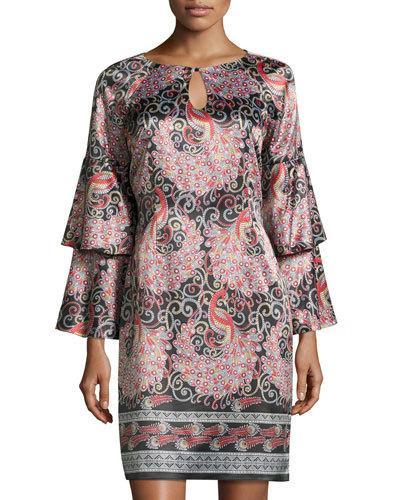 Bird-print Charmeuse Dress, Black/multi
