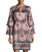Bird-print Charmeuse Dress, Black/multi