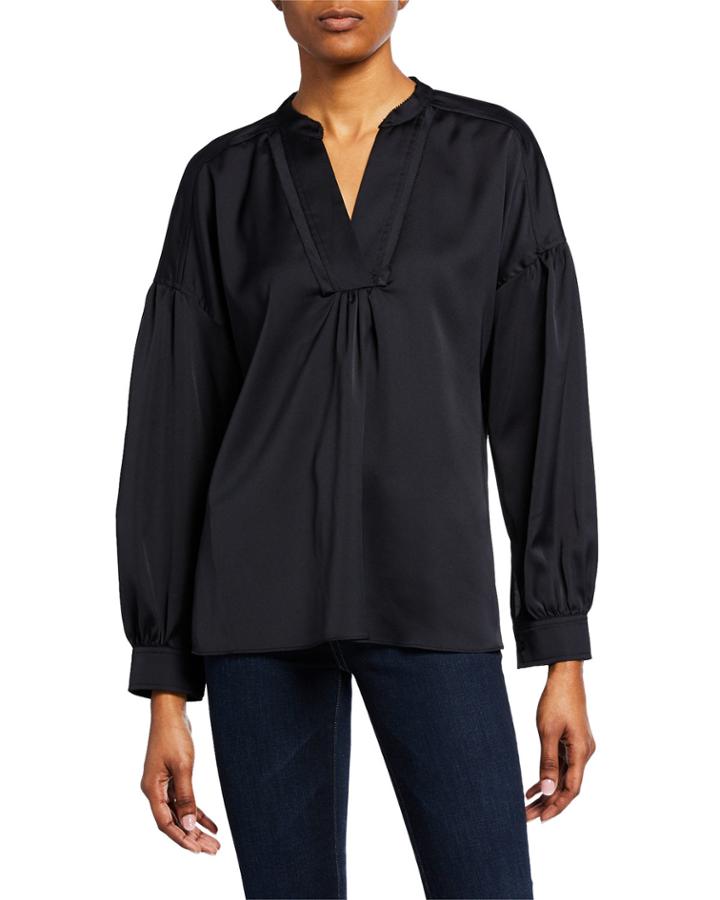 Satin Bishop-sleeve Blouse