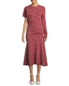 Long-sleeve Asymmetric Plaid Midi Dress W/ Flounce Hem
