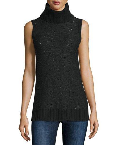 Sleeveless Sequin Cashmere Turtleneck