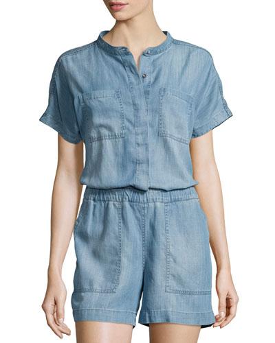 Patch-pocket Chambray Romper, Retro Blue Wash