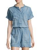 Patch-pocket Chambray Romper, Retro Blue Wash