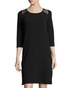 3/4-sleeve Scoop-neck Side-zip Dress, Black