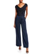 V-neck Cap-sleeve Striped Bandage Wide-leg Jumpsuit