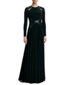 Catherine Deane Leather-trim Long-sleeve Gown,