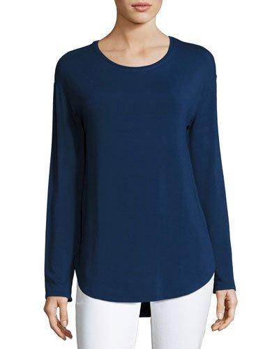 Long-sleeve Crewneck Curved-hem Pullover, Indigo