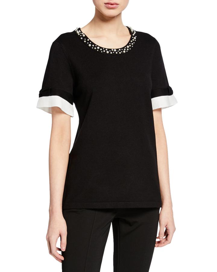 Short-sleeve Sweater W/ Pearl & Pleated Trim