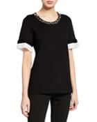 Short-sleeve Sweater W/ Pearl & Pleated Trim