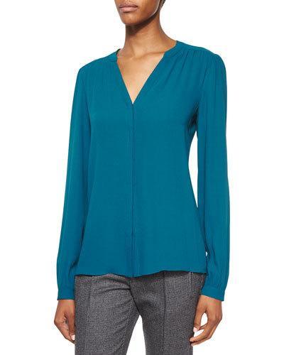 Split-neck Long-sleeve Blouse, Peacock