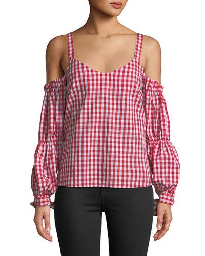Cold-shoulder Tie-sleeve Gingham Blouse