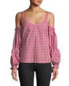 Cold-shoulder Tie-sleeve Gingham Blouse